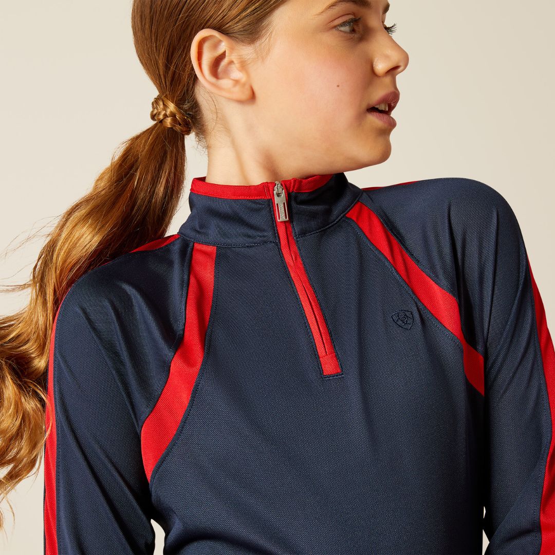 Ariat Kids Sunstopper 3.0 1/4 Zip Baselayer in Navy & Red