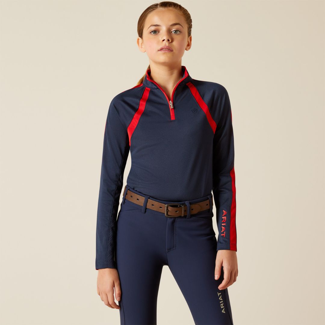 Ariat Kids Sunstopper 3.0 1/4 Zip Baselayer in Navy & Red