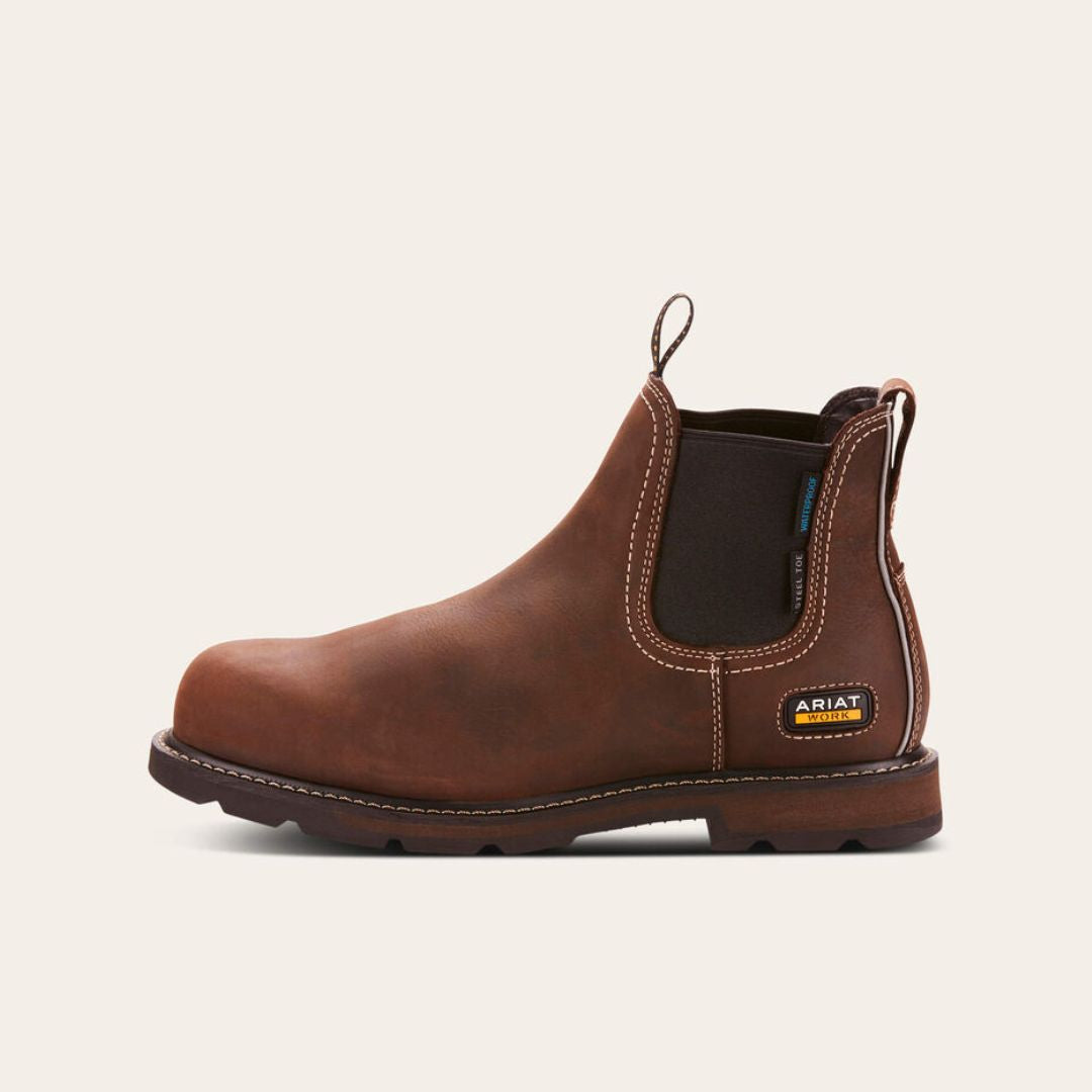 Ariat Men's Groundbreaker Chelsea Waterproof Steel Toe Work Boot in Dark Brown