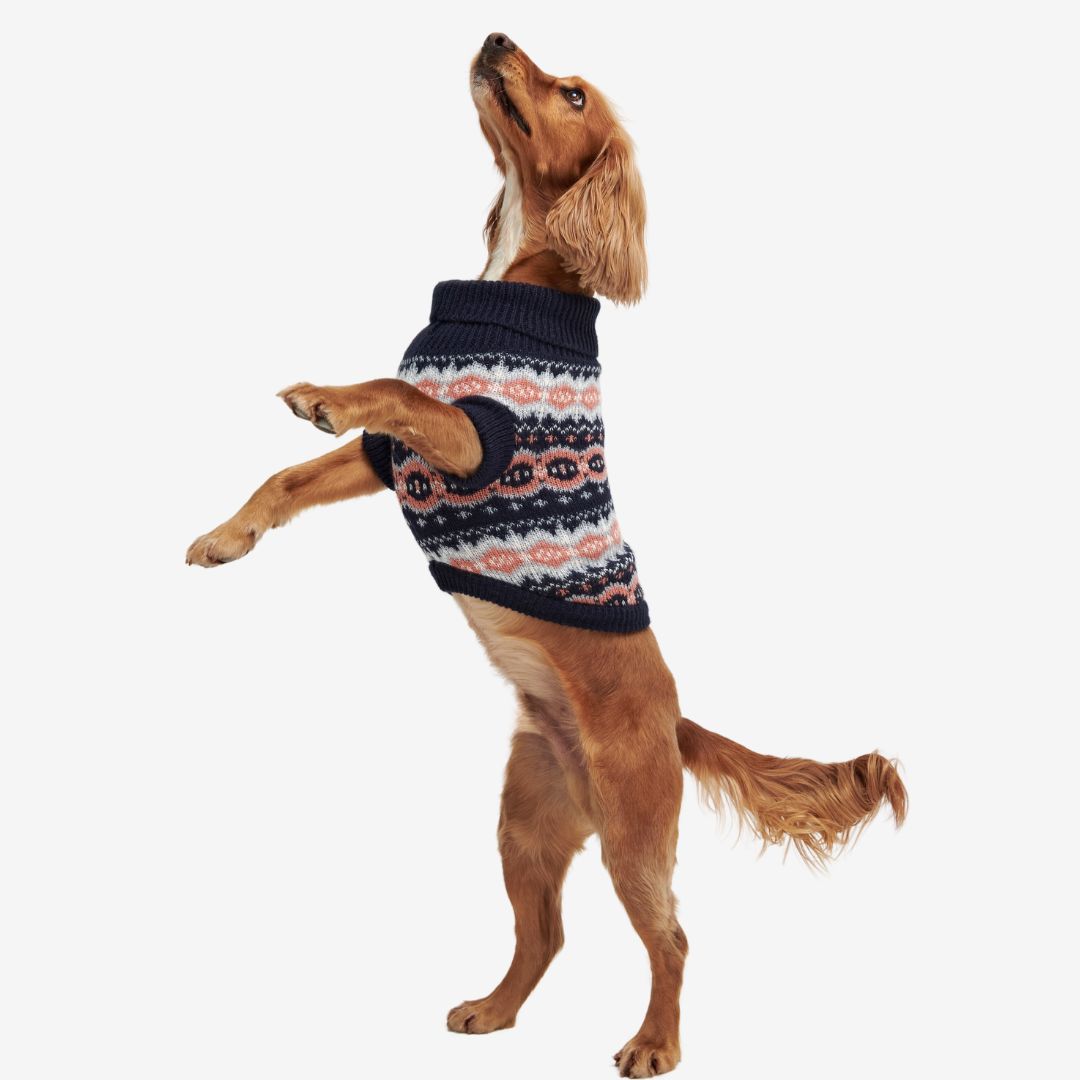 Barbour Fair isle Dog Jumper & Bobble Hat Gift Set in Pink & Navy
