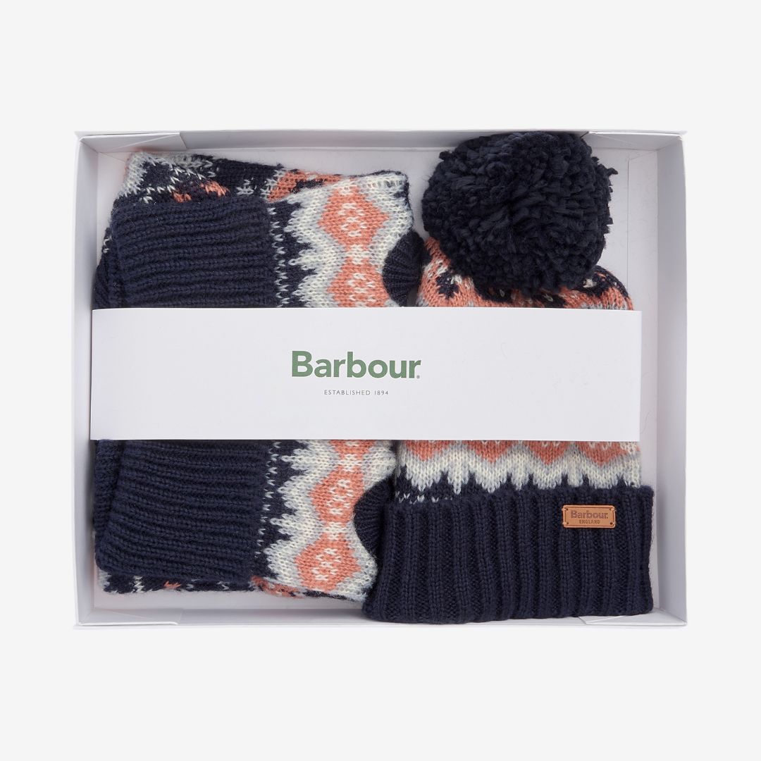 Barbour Fair isle Dog Jumper & Bobble Hat Gift Set in Pink & Navy