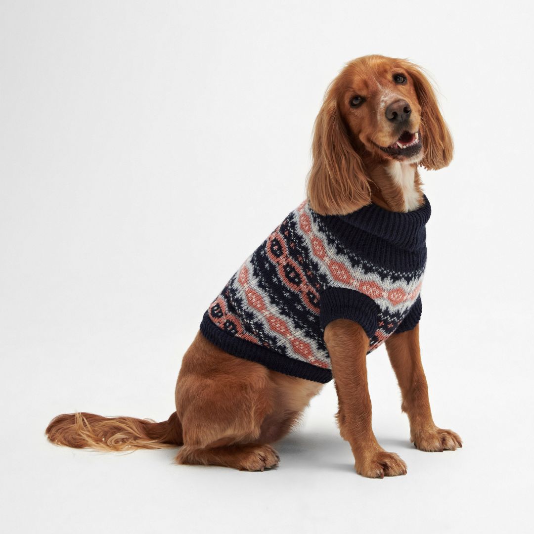 Barbour Fair isle Dog Jumper & Bobble Hat Gift Set in Pink & Navy