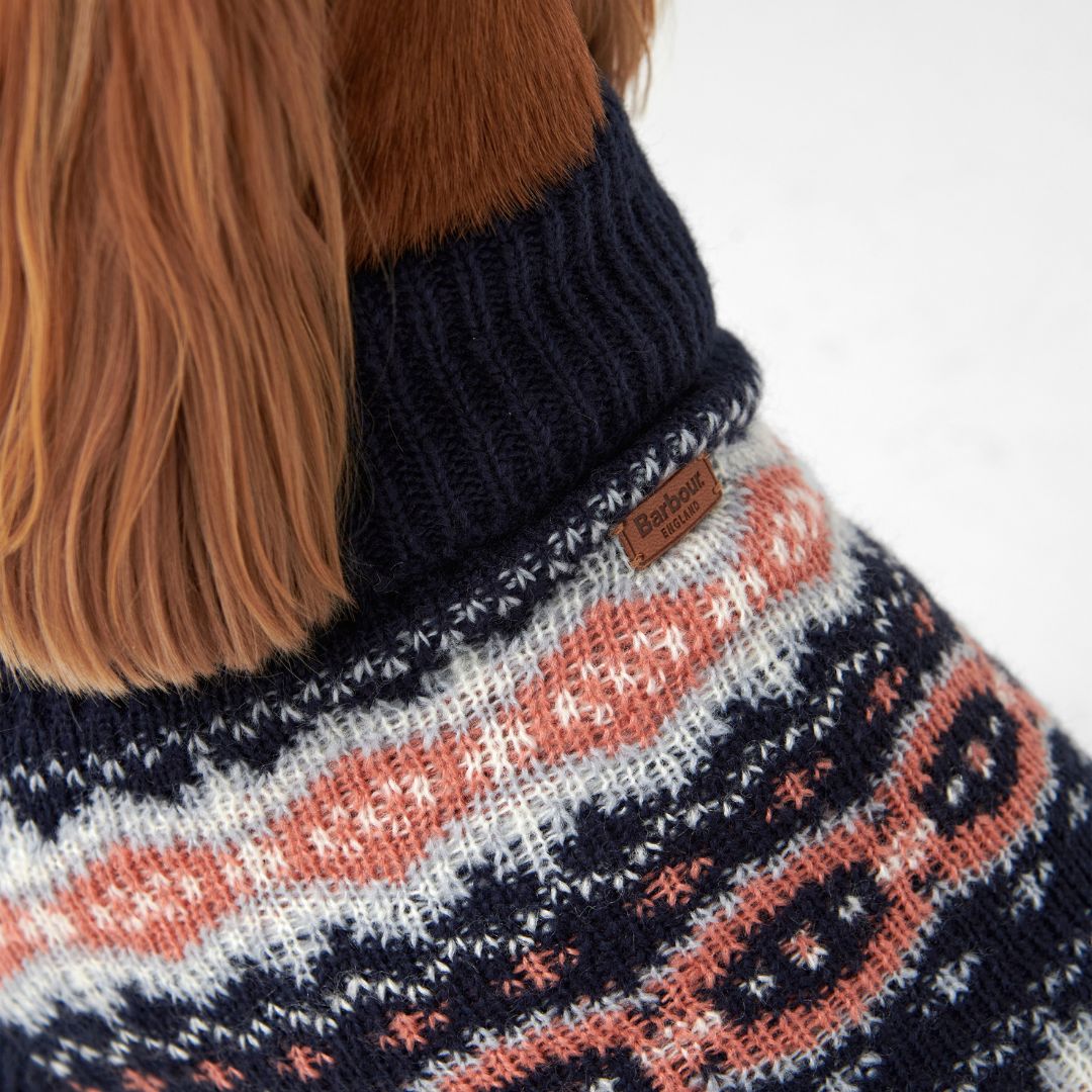 Barbour Fair isle Dog Jumper & Bobble Hat Gift Set in Pink & Navy