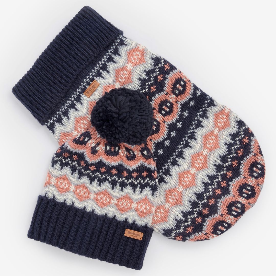 Barbour Fair isle Dog Jumper Bobble Hat Gift Set in Pink Navy