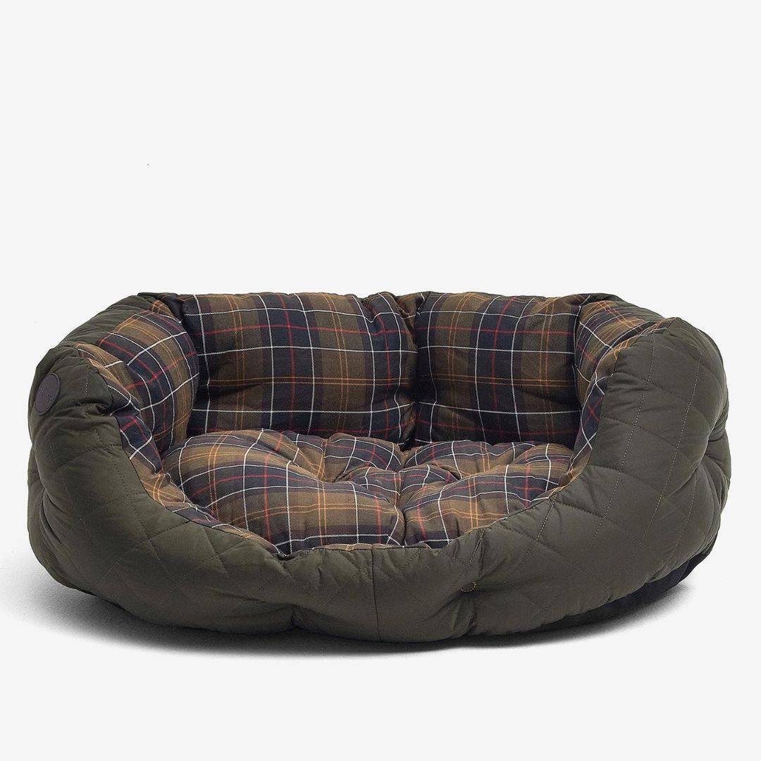 Barbour Quilted Dog Bed in Olive & Classic Tartan