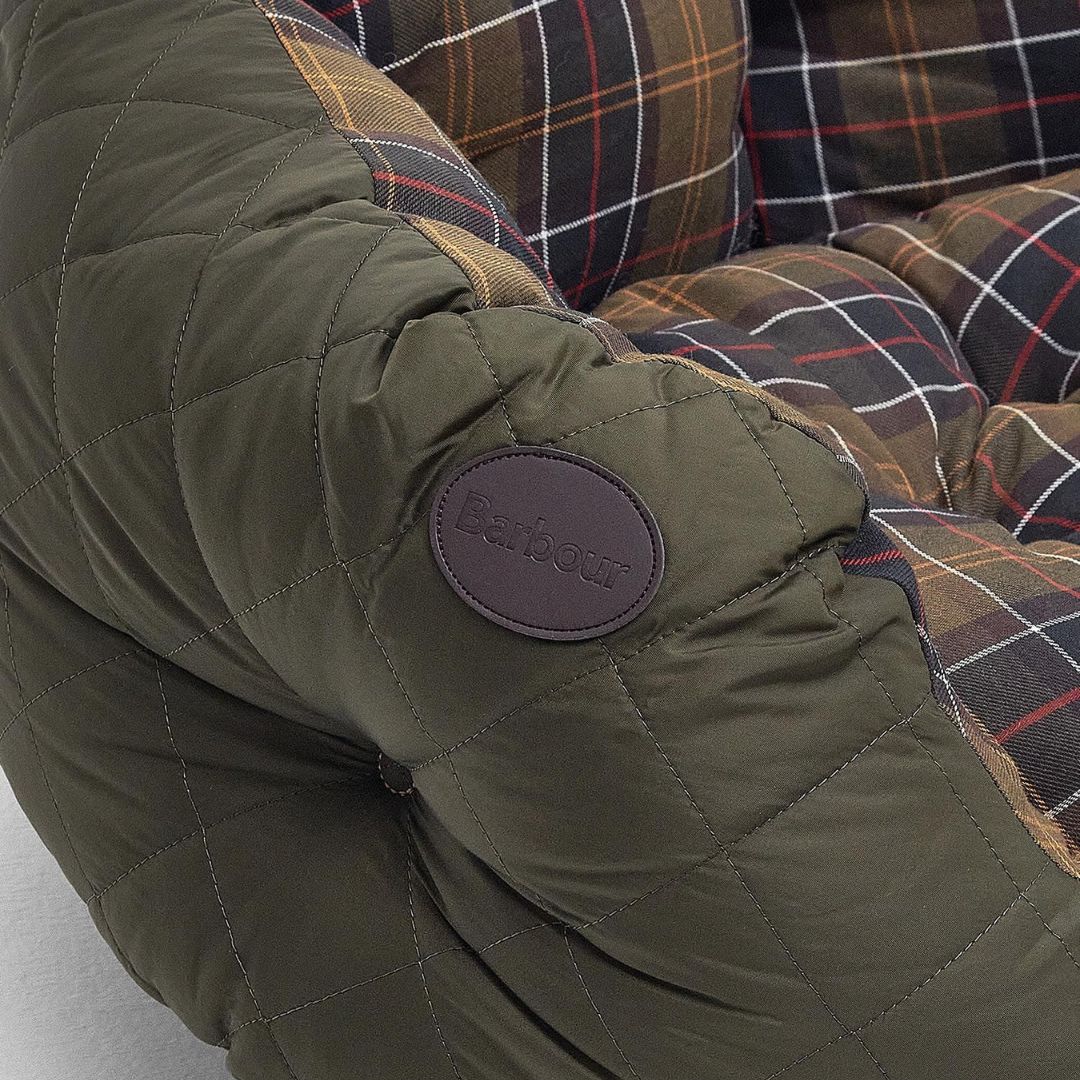 Barbour Quilted Dog Bed in Olive & Classic Tartan