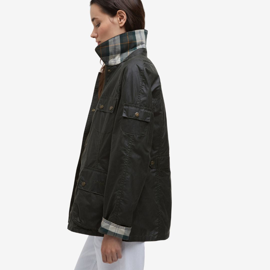 Barbour Women's Arlo Utility Waxed Jacket in Archive Olive & Ancient Tartan