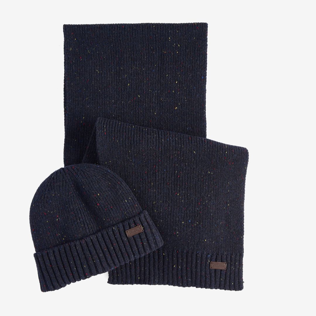 Barbour Carlton Fleck Beanie Scarf Gift Set in Navy