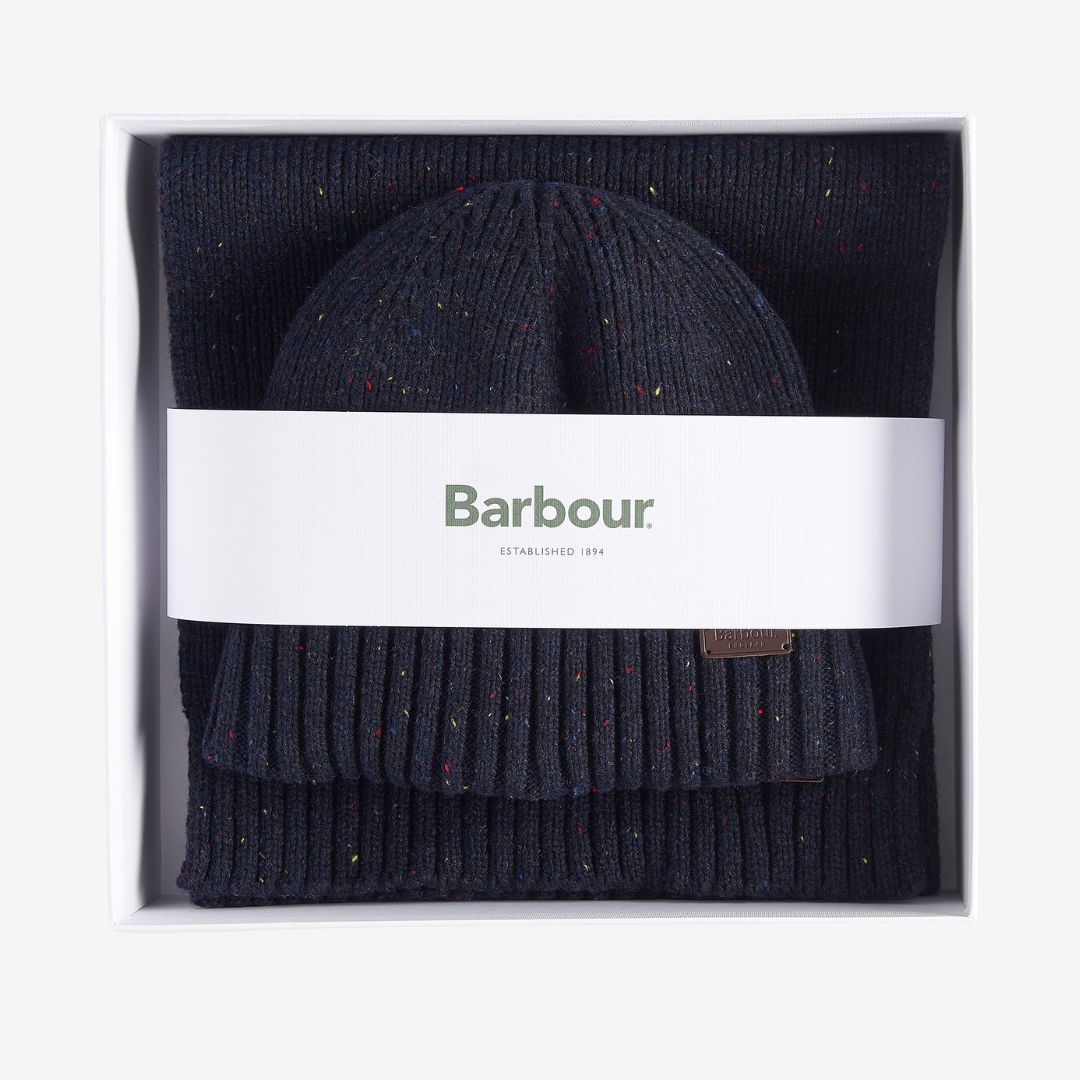 Barbour Carlton Fleck Beanie & Scarf Gift Set in Navy