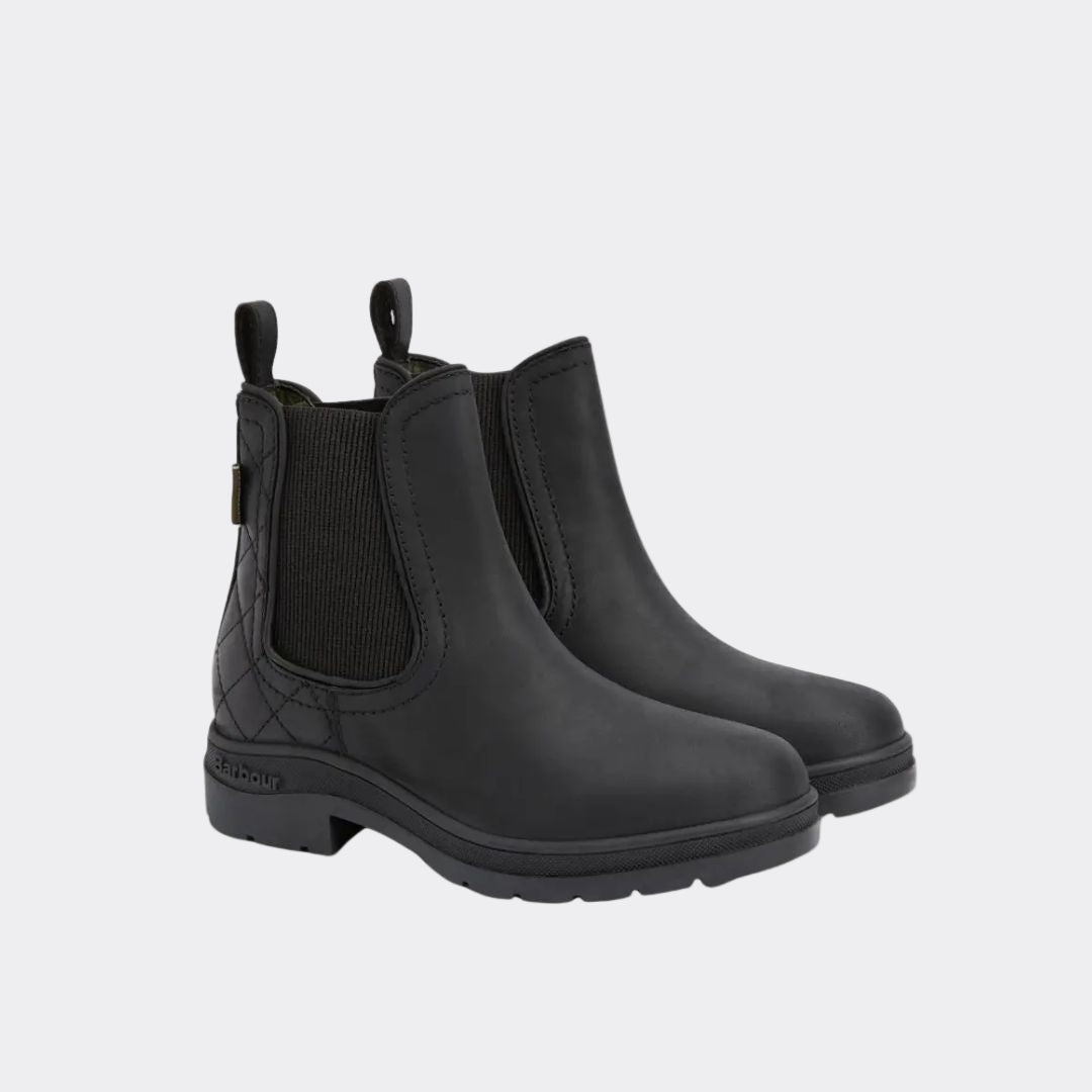 Pair of black rubber boots with a brand logo on a white background