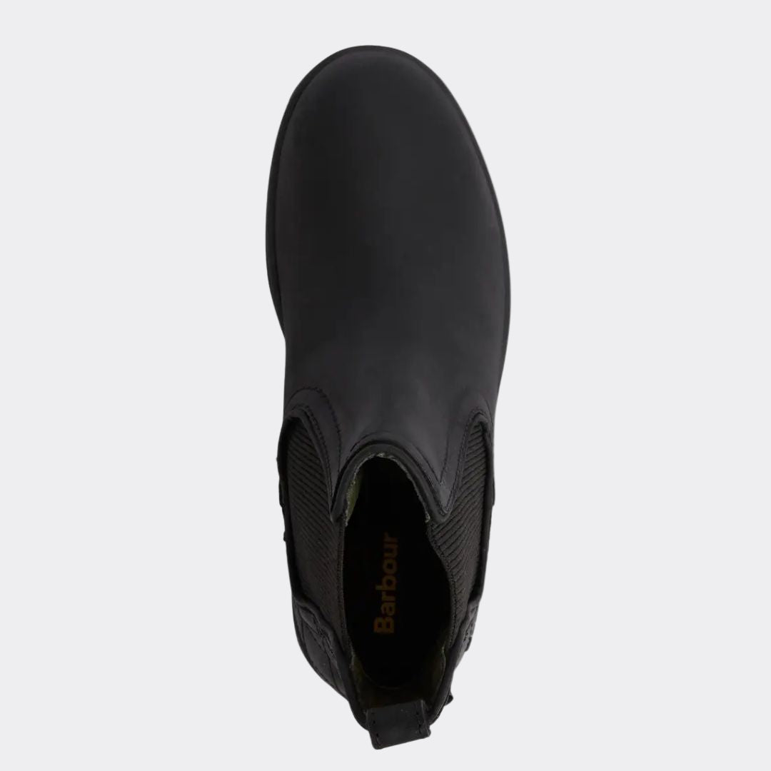Black ankle boot with 'Barbour' branding on a white background