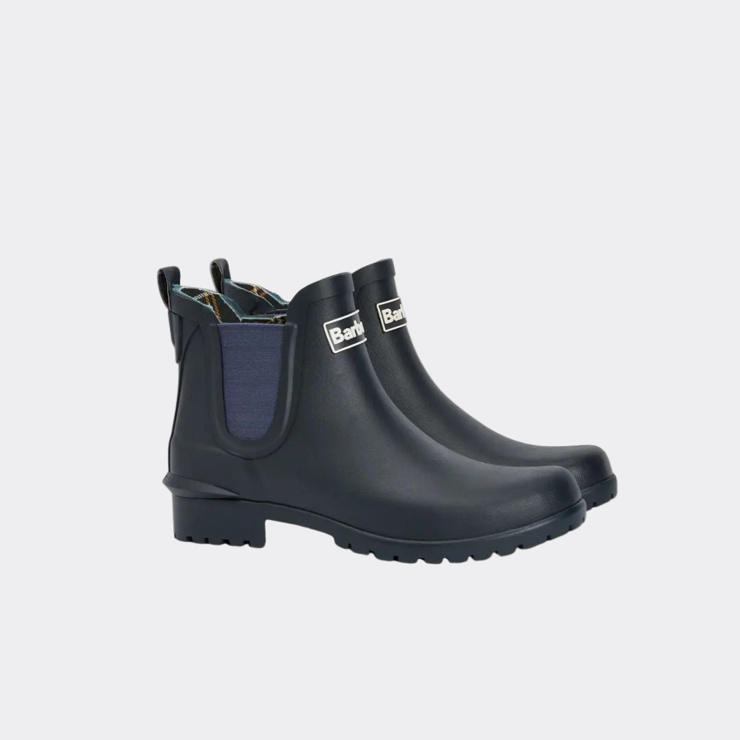 Pair of black rain boots with a brand logo on a white background