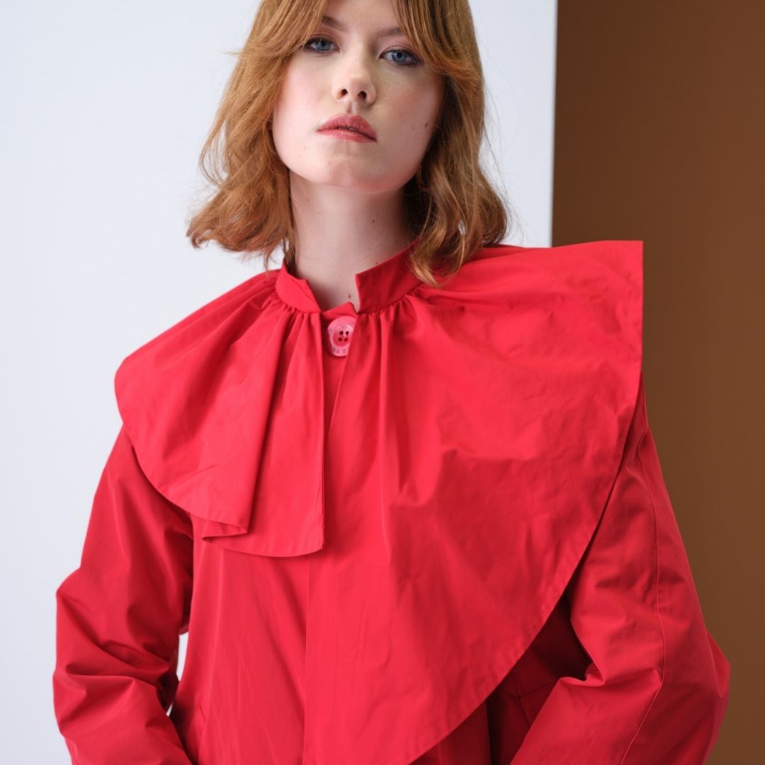 Cristina Barros Women's Frill Collar Short Parka in Red