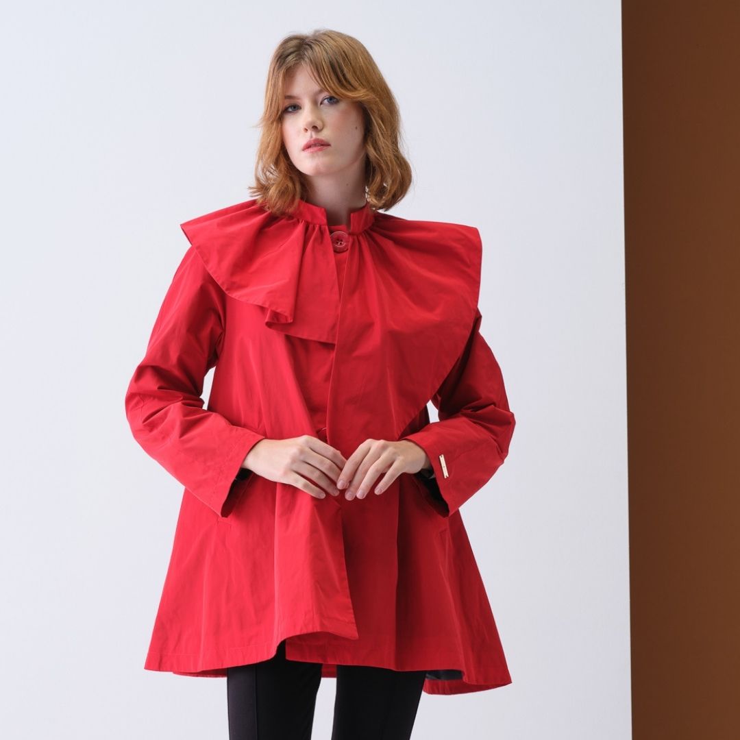 Cristina Barros Women's Frill Collar Short Parka in Red