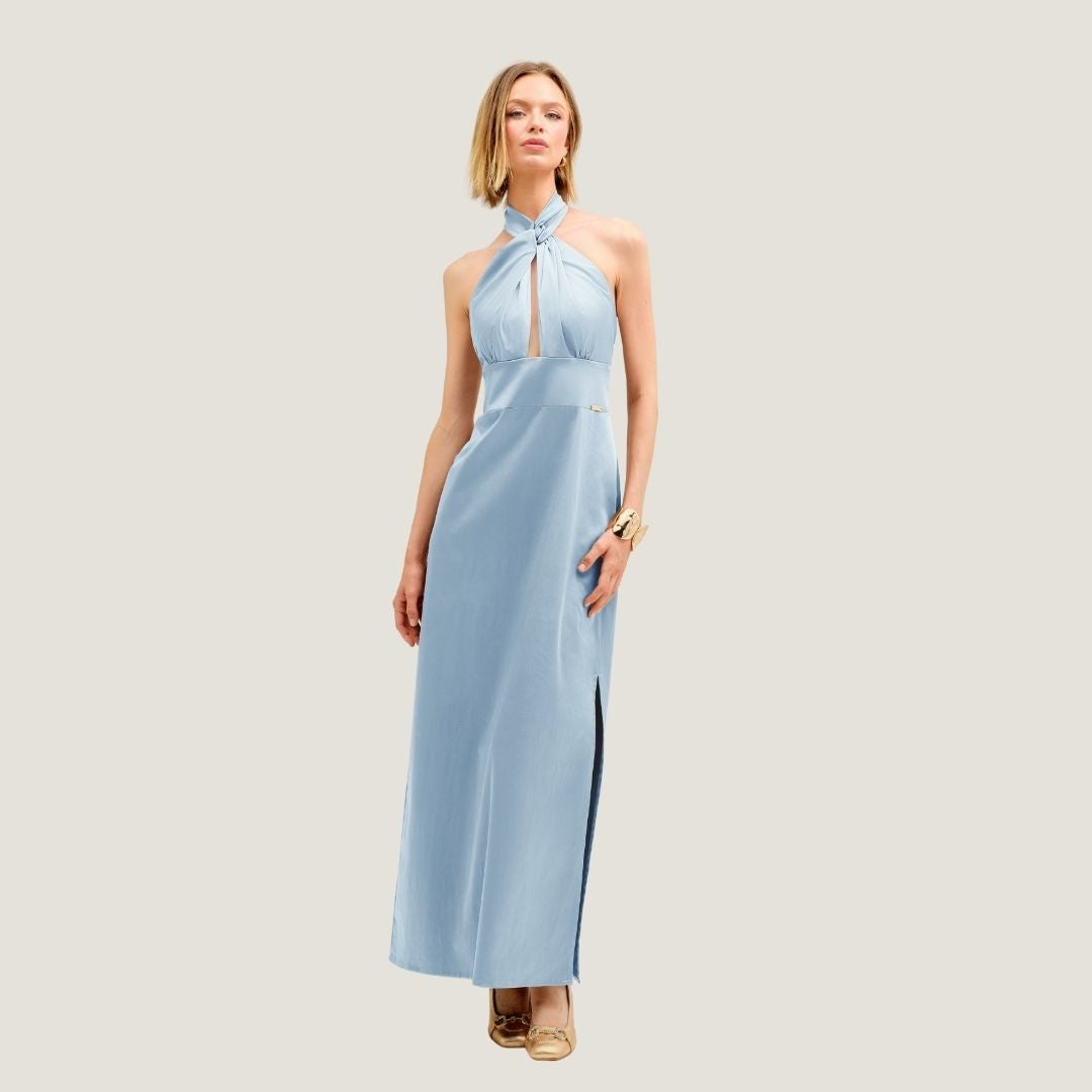 Cristina Barros Women's Long Dress with Halter Neckline in Light Blue