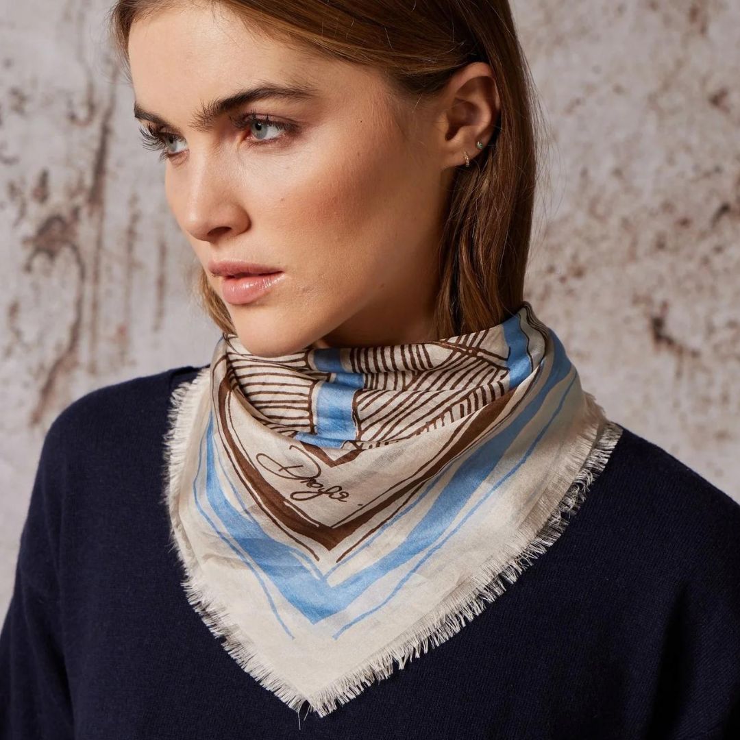 Diega Women's Fareo Silk Scarf in Blue & Cream