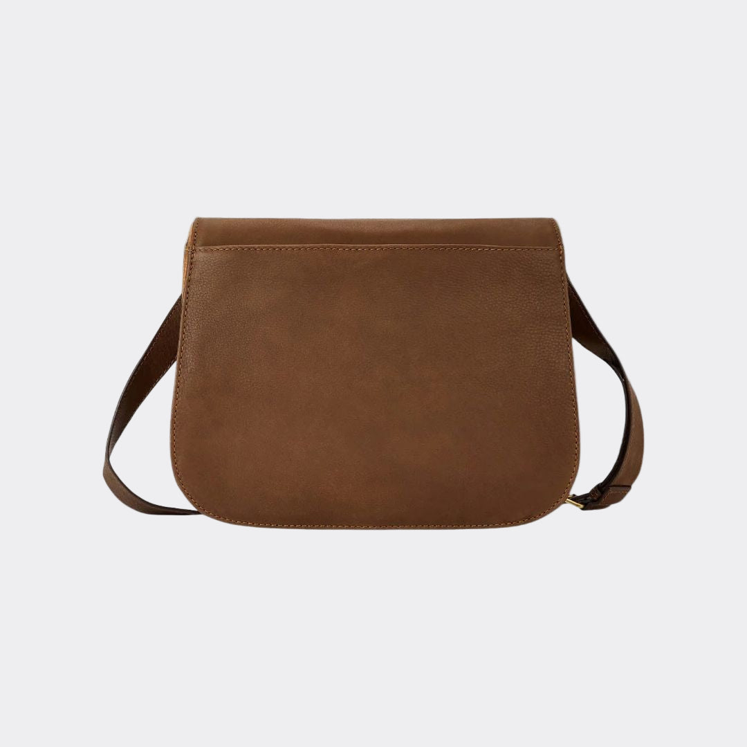 Brown leather crossbody bag on a white background