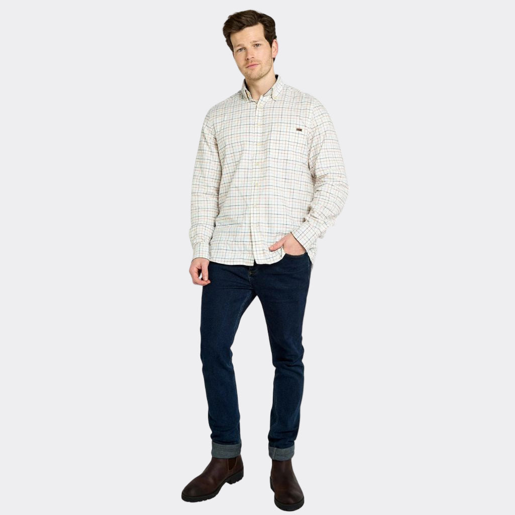 Man wearing a checkered shirt and jeans on a white background