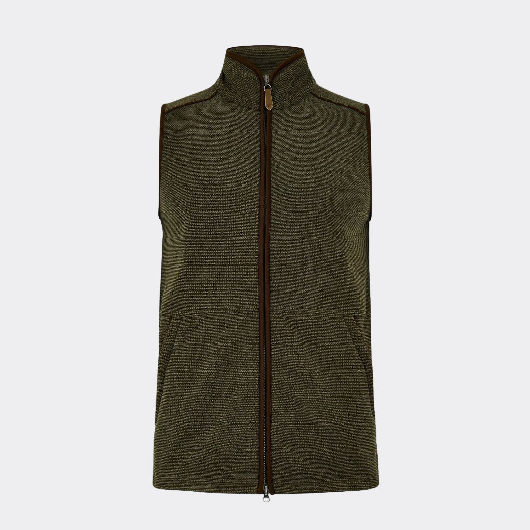 Green vest with a brown zipper on a white background