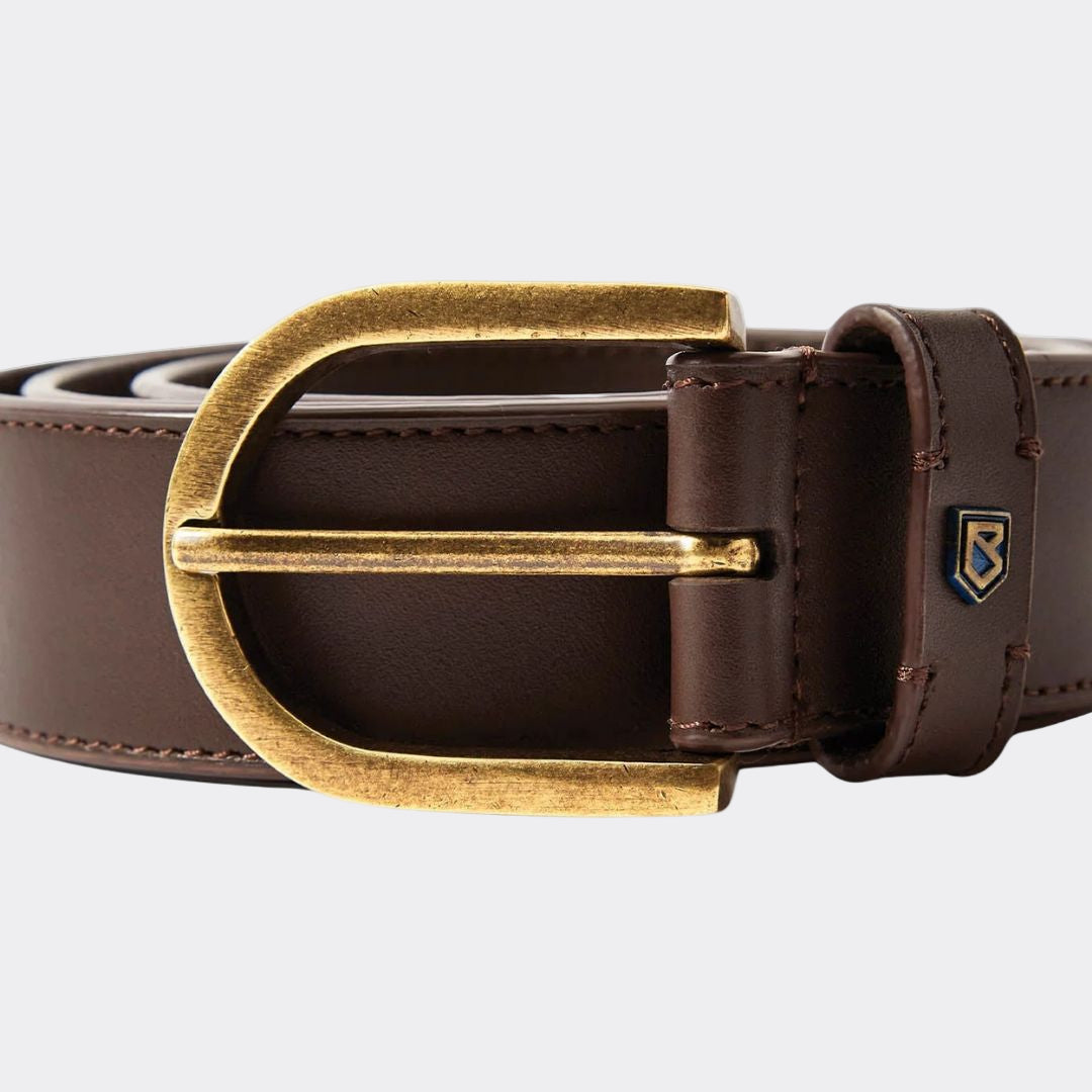 Brown leather belt with a gold buckle on a white background