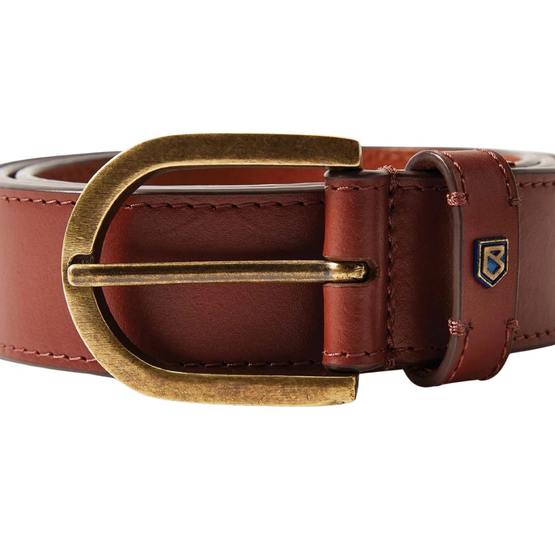 Brown leather belt with a gold buckle on a white background