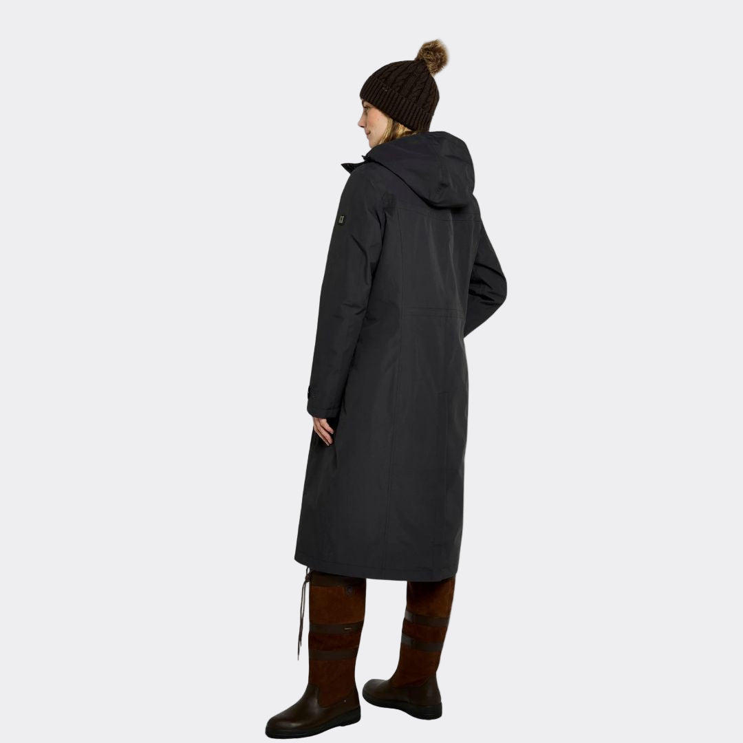 Person wearing a long dark coat on a white background