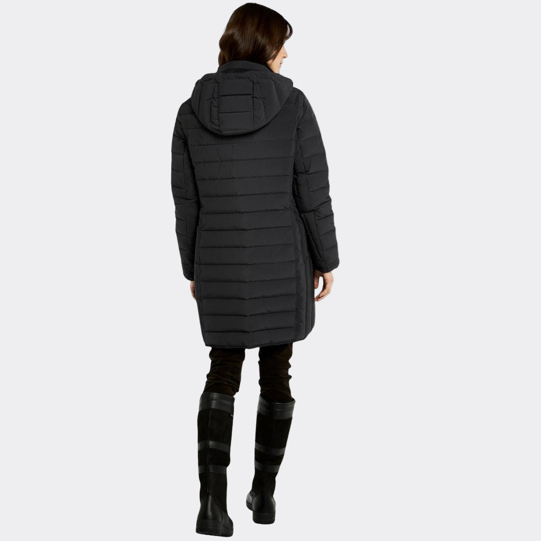 Person wearing a black puffer coat on a white background