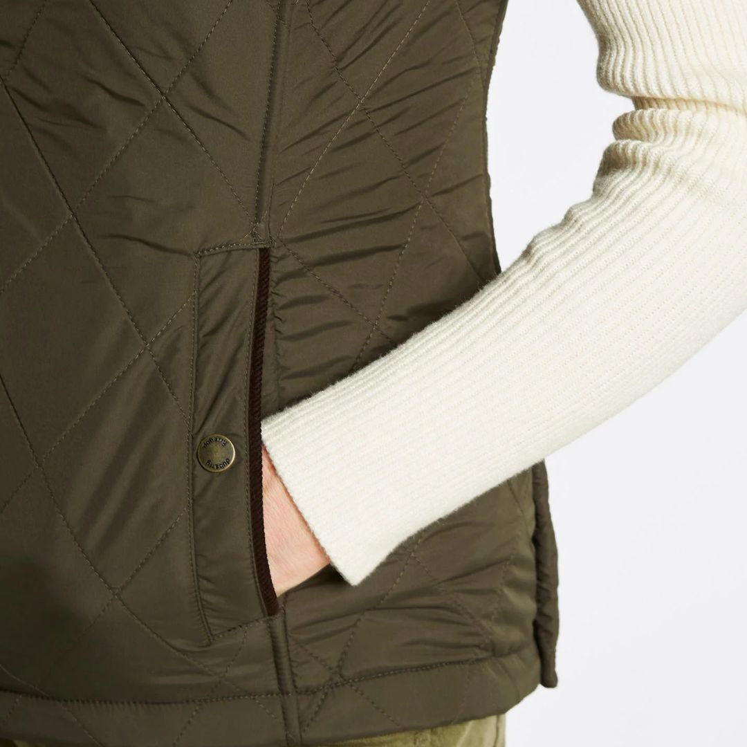 Close-up of a person wearing a quilted green jacket with a white sweater sleeve.
