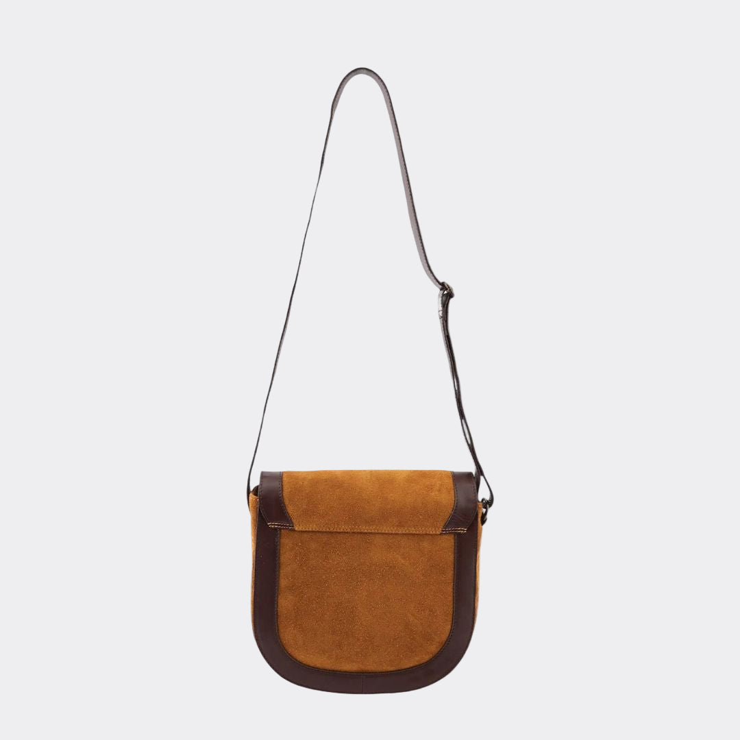 Brown leather crossbody bag with a strap on a white background