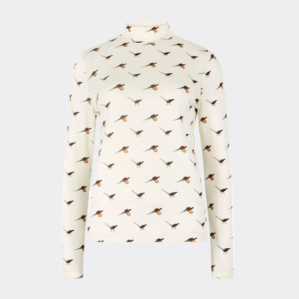 White turtleneck sweater with bird pattern on a white background