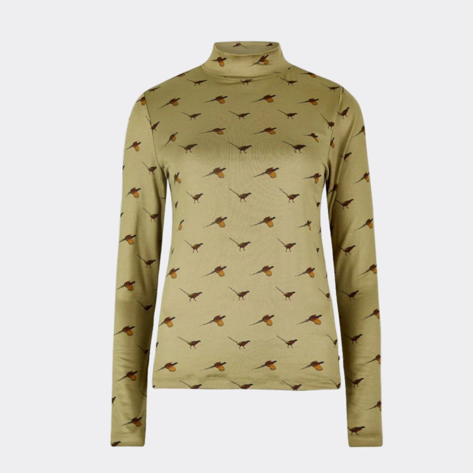Green long-sleeve shirt with bird pattern on a white background