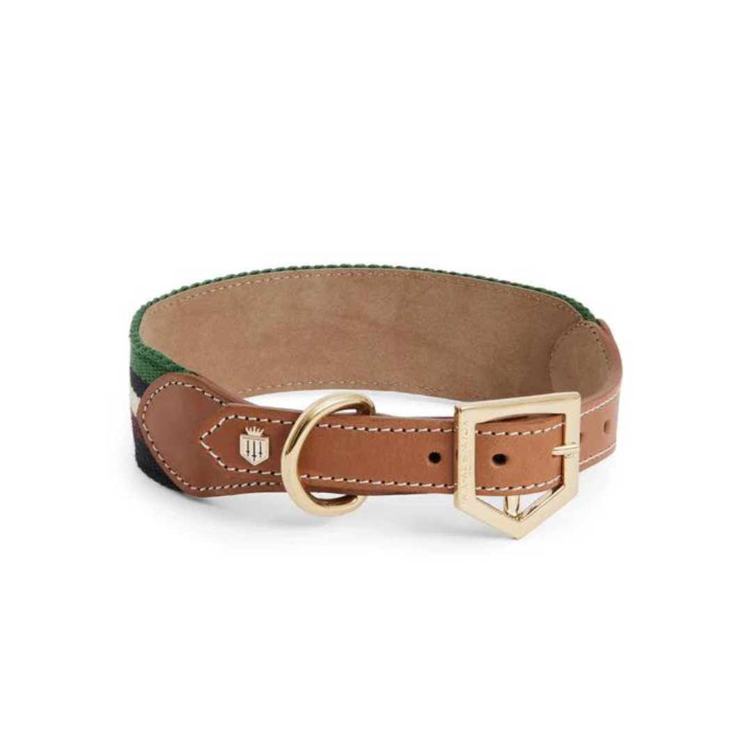 Fairfax & Favor Boston Leather Dog Collar in Tan with Striped Webbing