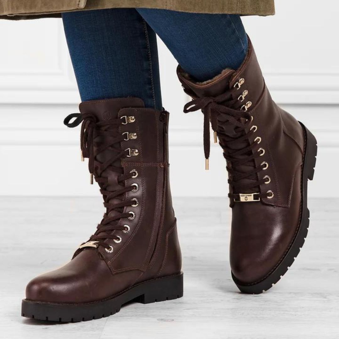 Fairfax & Favor Shearling Lined Anglesey Combat Leather Boots in Mahogany