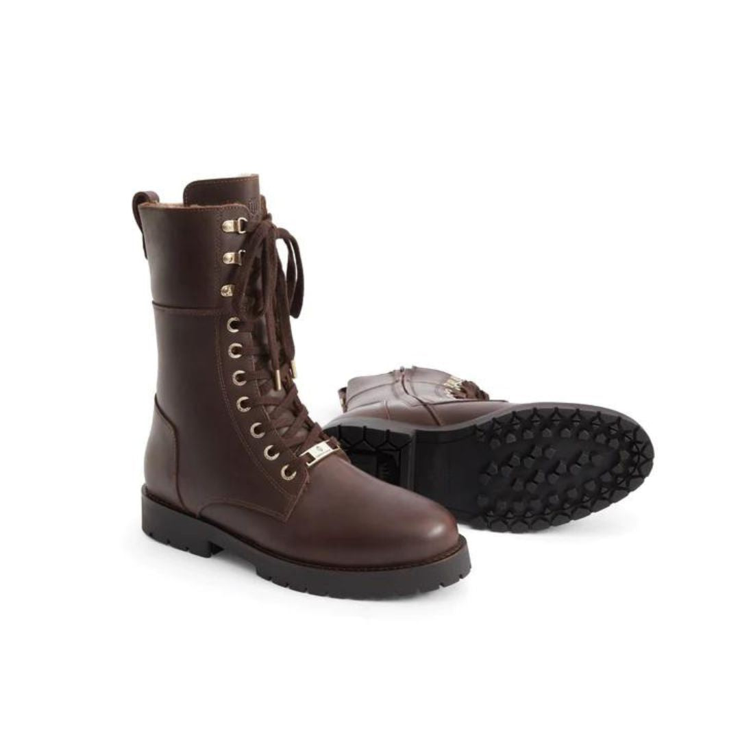 Fairfax & Favor Shearling Lined Anglesey Combat Leather Boots in Mahogany