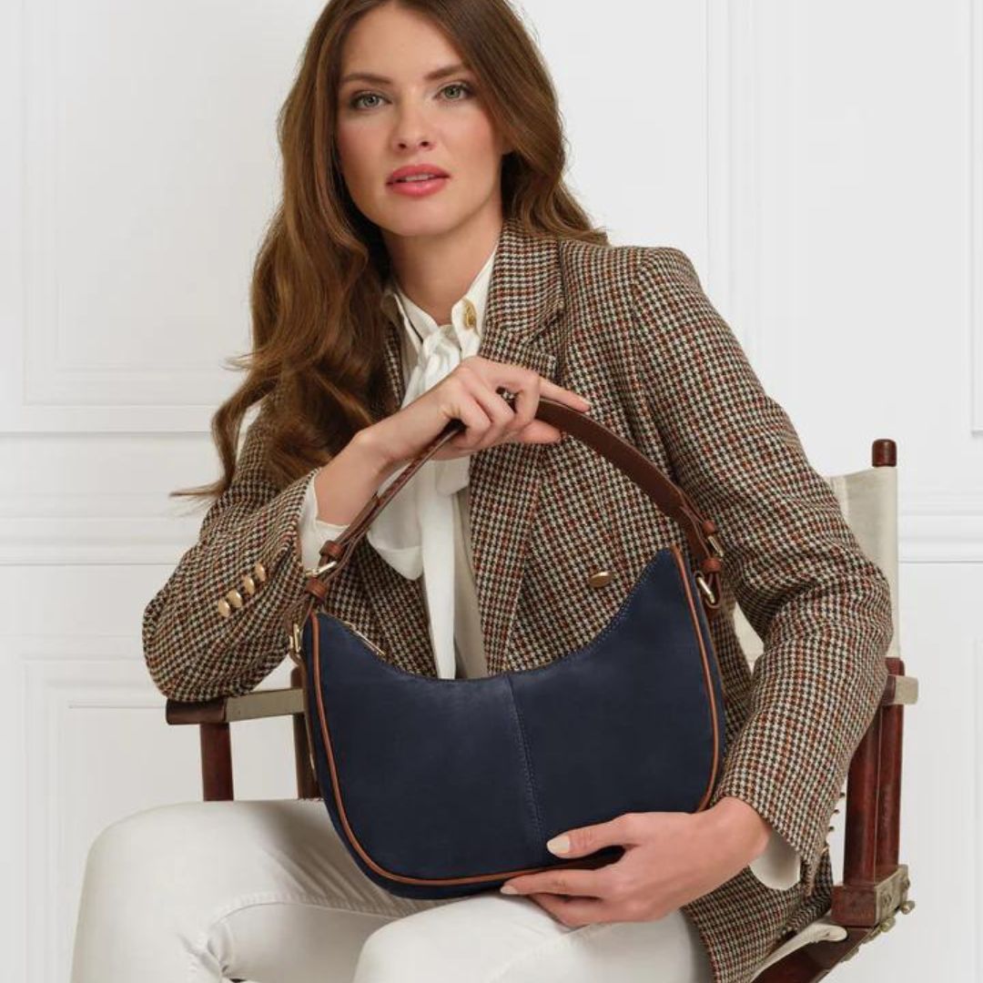 Fairfax & Favor Tetbury Crescent Suede Bag in Navy