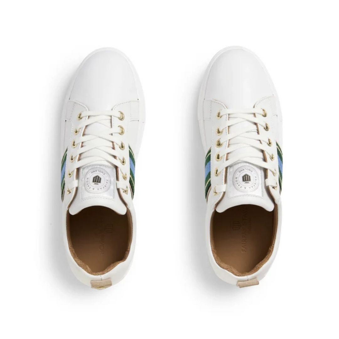 Fairfax & Favor Boston White Leather Trainers in Clover & Sky Blue