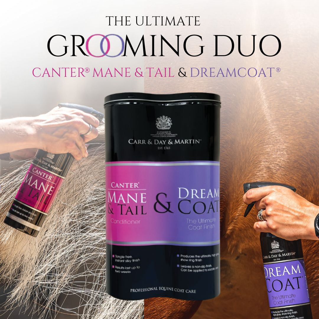 Carr & Day & Martin grooming products for horse care with a person using the products.