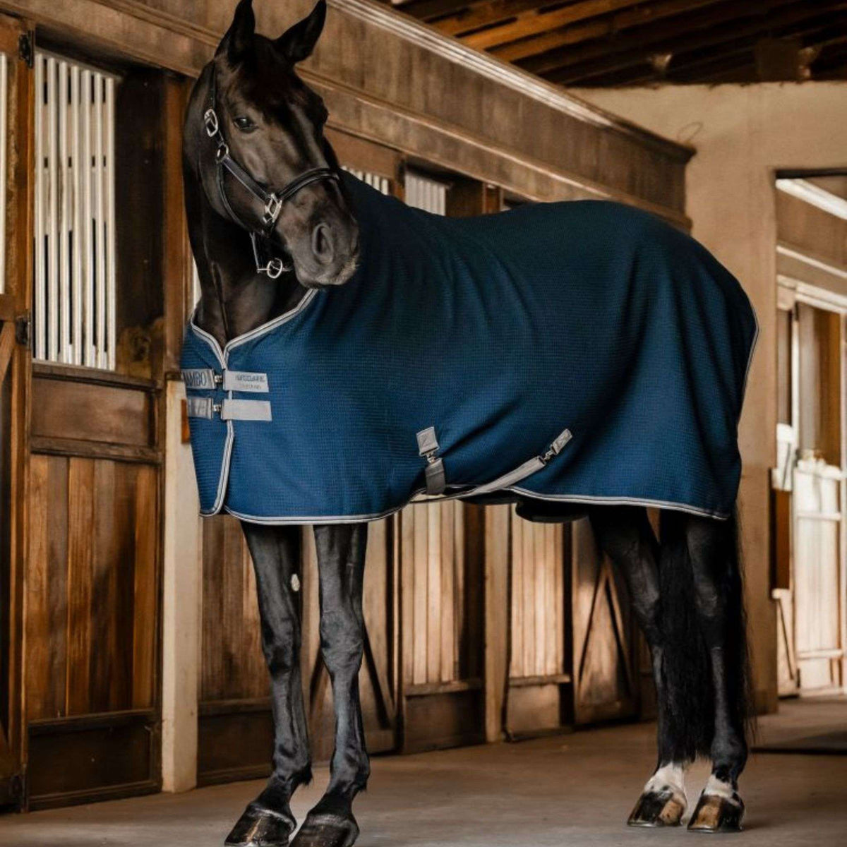 Horseware Rambo Techni-Waffle Cooler in Navy/Thunderstorm Grey & Silver (No Fill)
