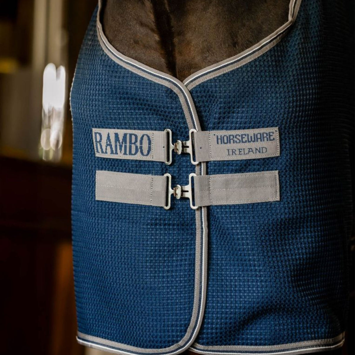 Horseware Rambo Techni-Waffle Cooler in Navy/Thunderstorm Grey & Silver (No Fill)