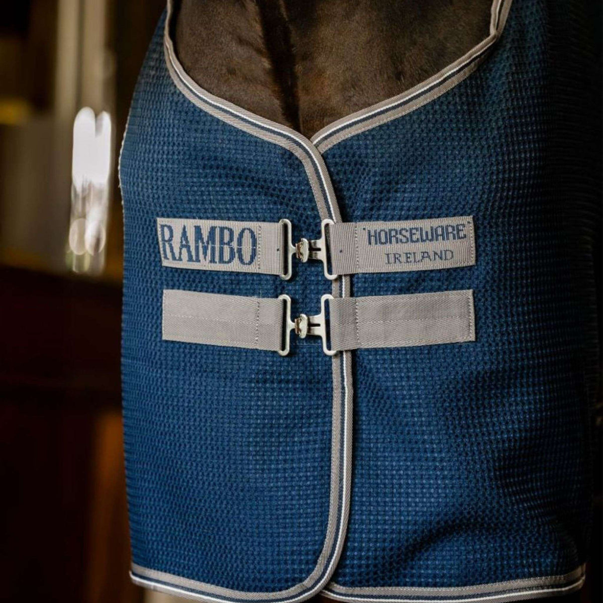 Horseware Rambo Techni-Waffle Cooler in Navy/Thunderstorm Grey & Silver (No Fill)