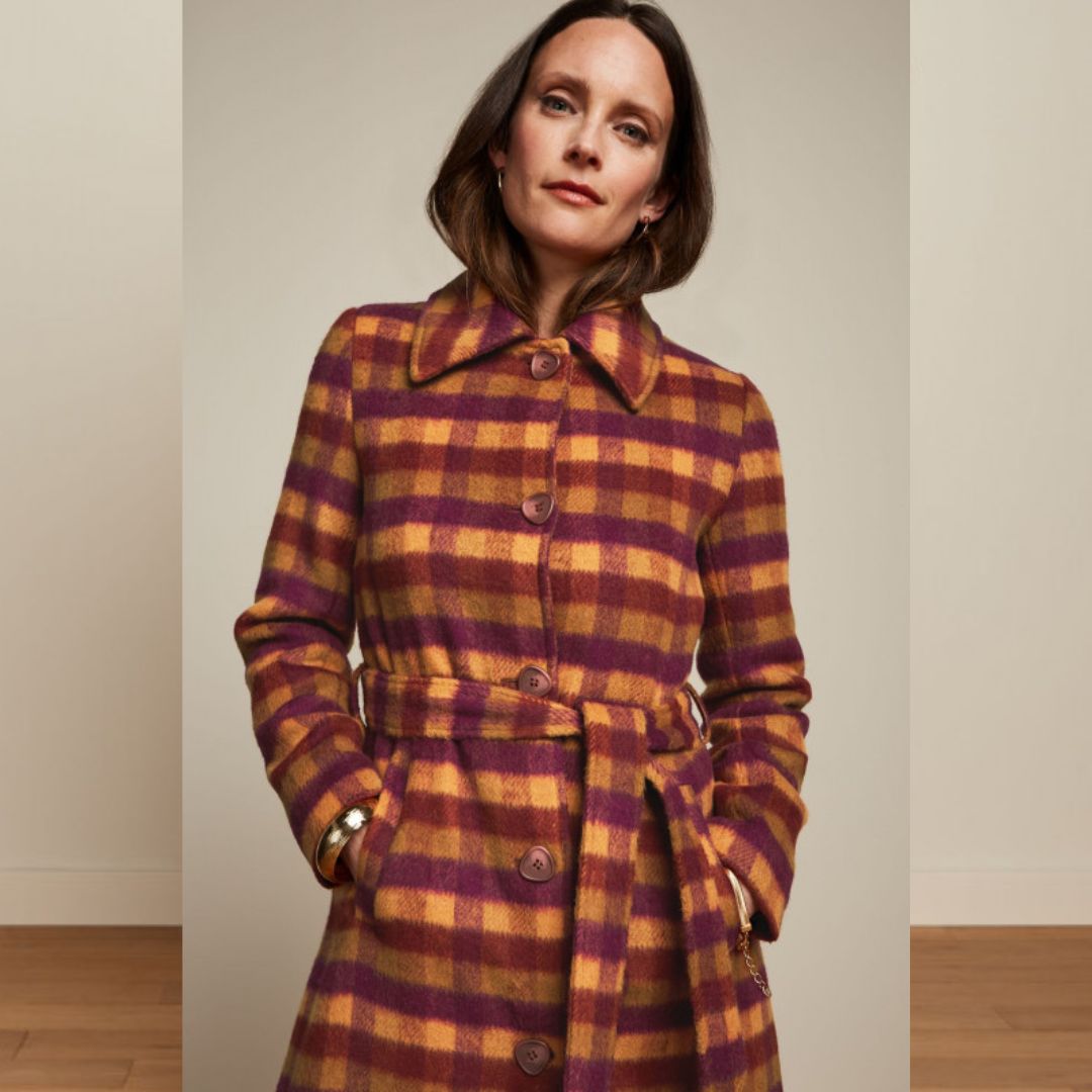 King Louie Women's Arabella Coat Wylde Check in Pecan Brown