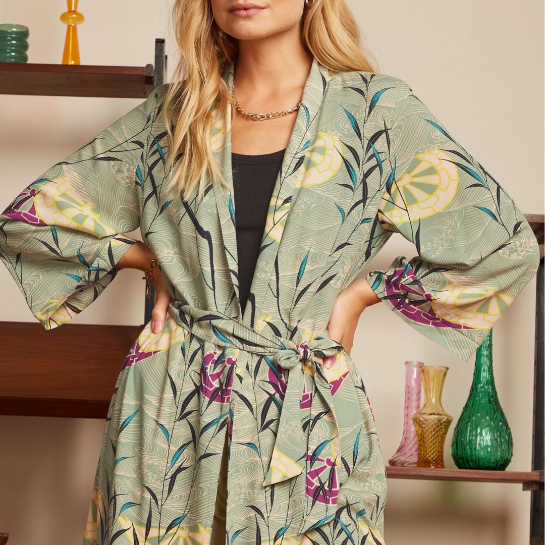 King Louie Women's Kimono Long Brush in Dusty Turquoise