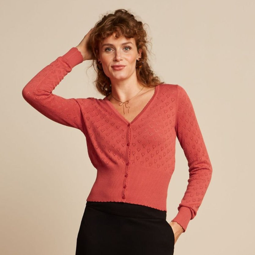 King Louie Women's Cardigan V Heart Ajour in Tweed Orange