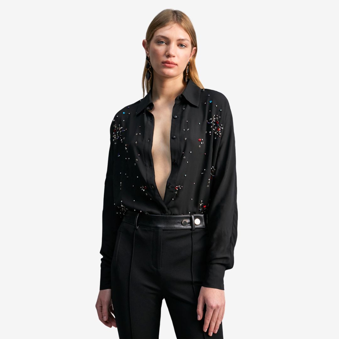 Lola Casademunt Women's Georgette Shirt in Black with Rhinestone