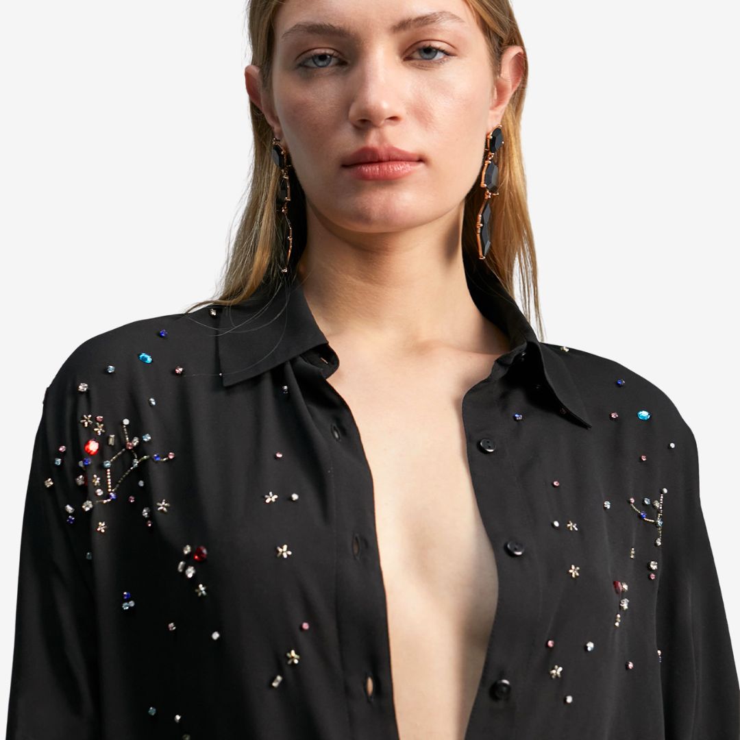 Lola Casademunt Women's Georgette Shirt in Black with Rhinestone