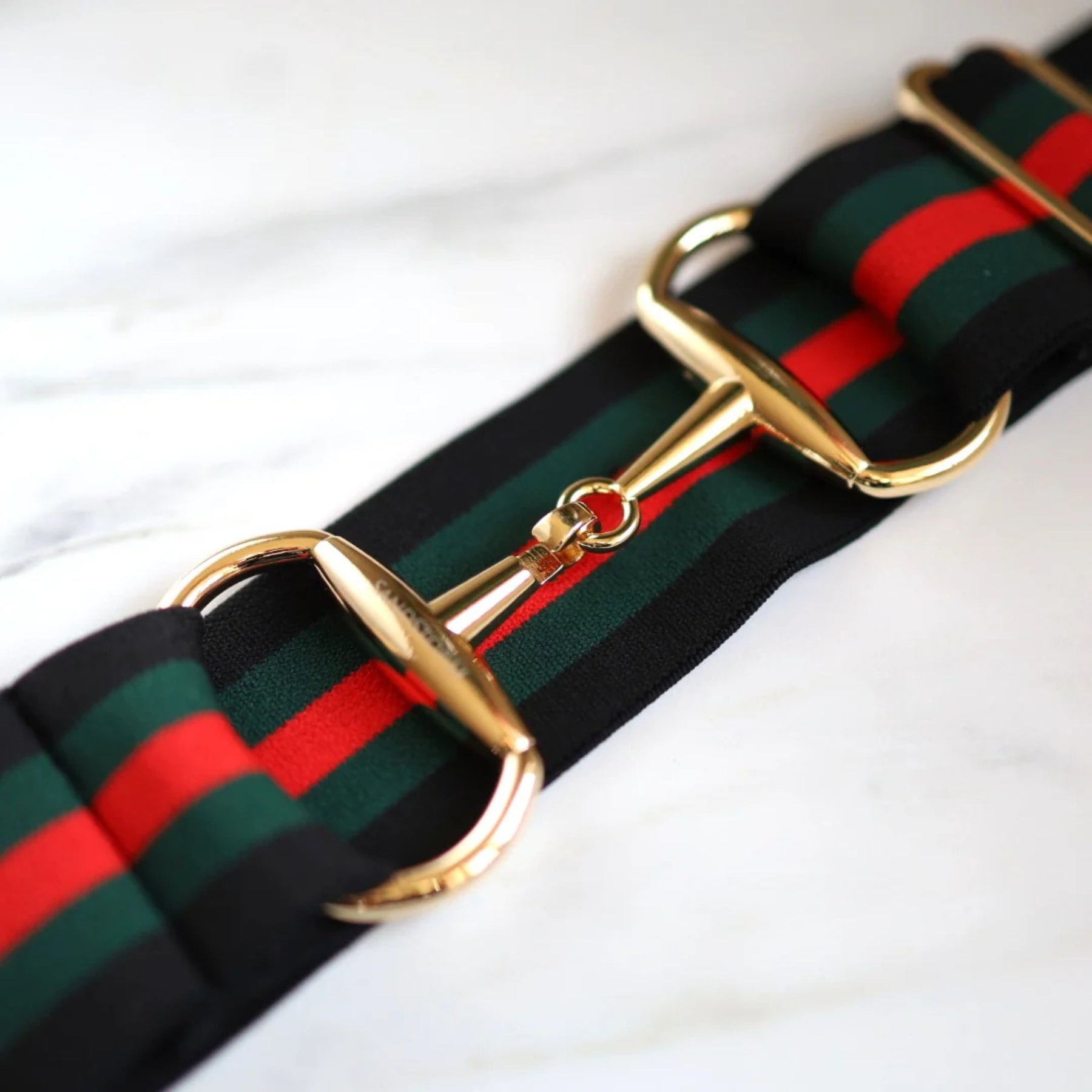 SandStorm Women's Gold Snaffle Belt in Black, Green and Red Stripe