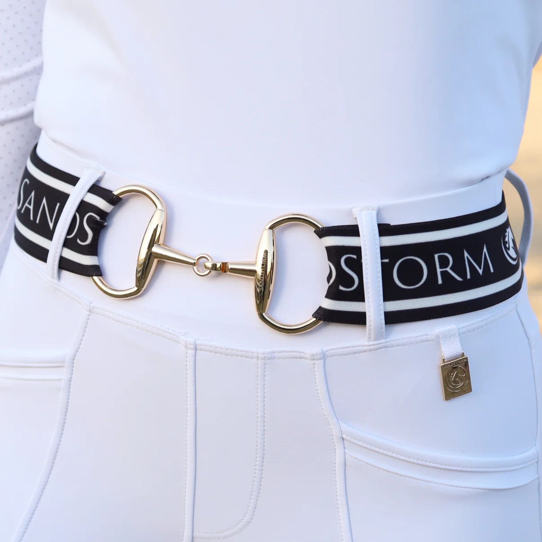 SandStorm Women's Gold Snaffle Belt in Black with Logo Print