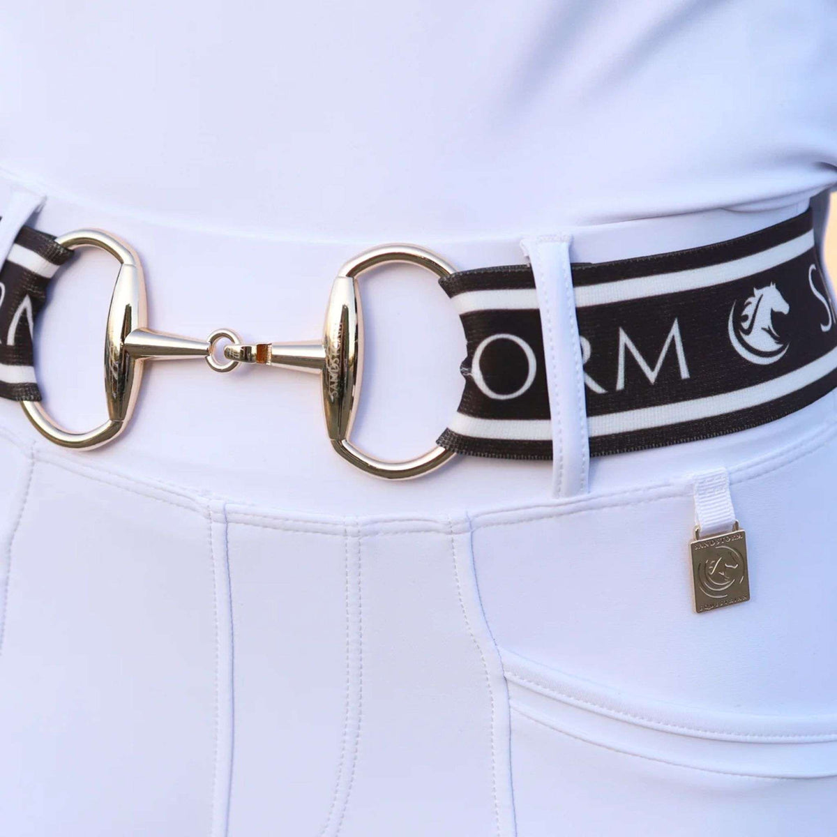 SandStorm Women's Gold Snaffle Belt in Brown with Logo Print