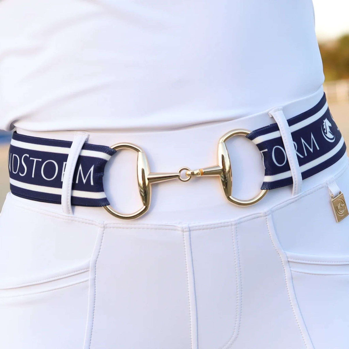 SandStorm Women's Gold Snaffle Belt in Navy with Logo Print