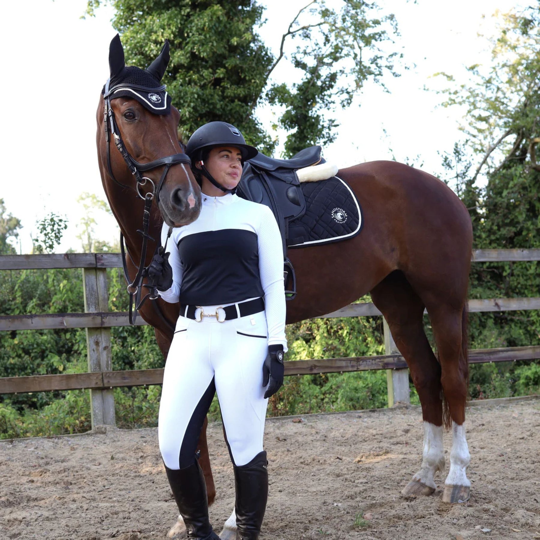 SandStorm Women's Lux Performance Hybrid Riding Leggings in White with Black Seat